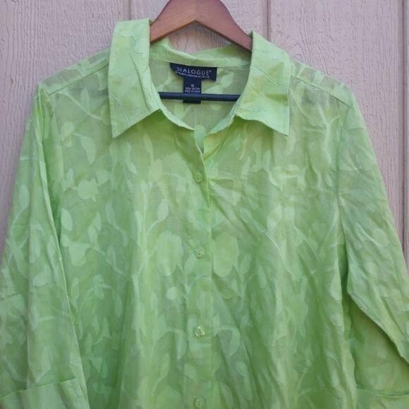 Dialogue Cotton Top Button Up Botanical Leaf Floral Print Neon Green Sz 1X - Picture 4 of 8